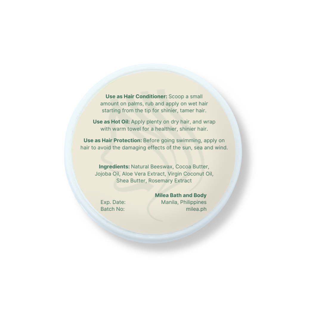 Container with hair care instructions and ingredients on a light beige background