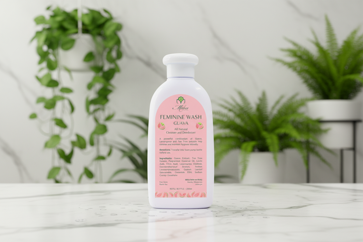 Bottle of guava Feminine Wash on a white background
