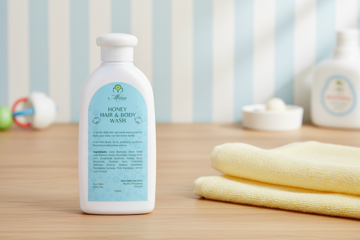 Bottle of honey hair and body wash with a blue label on a white background