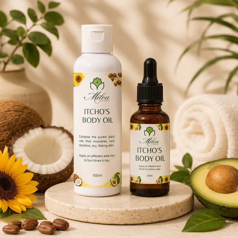 Milea Itcho's Body Oil in 30ml and 100ml bottles