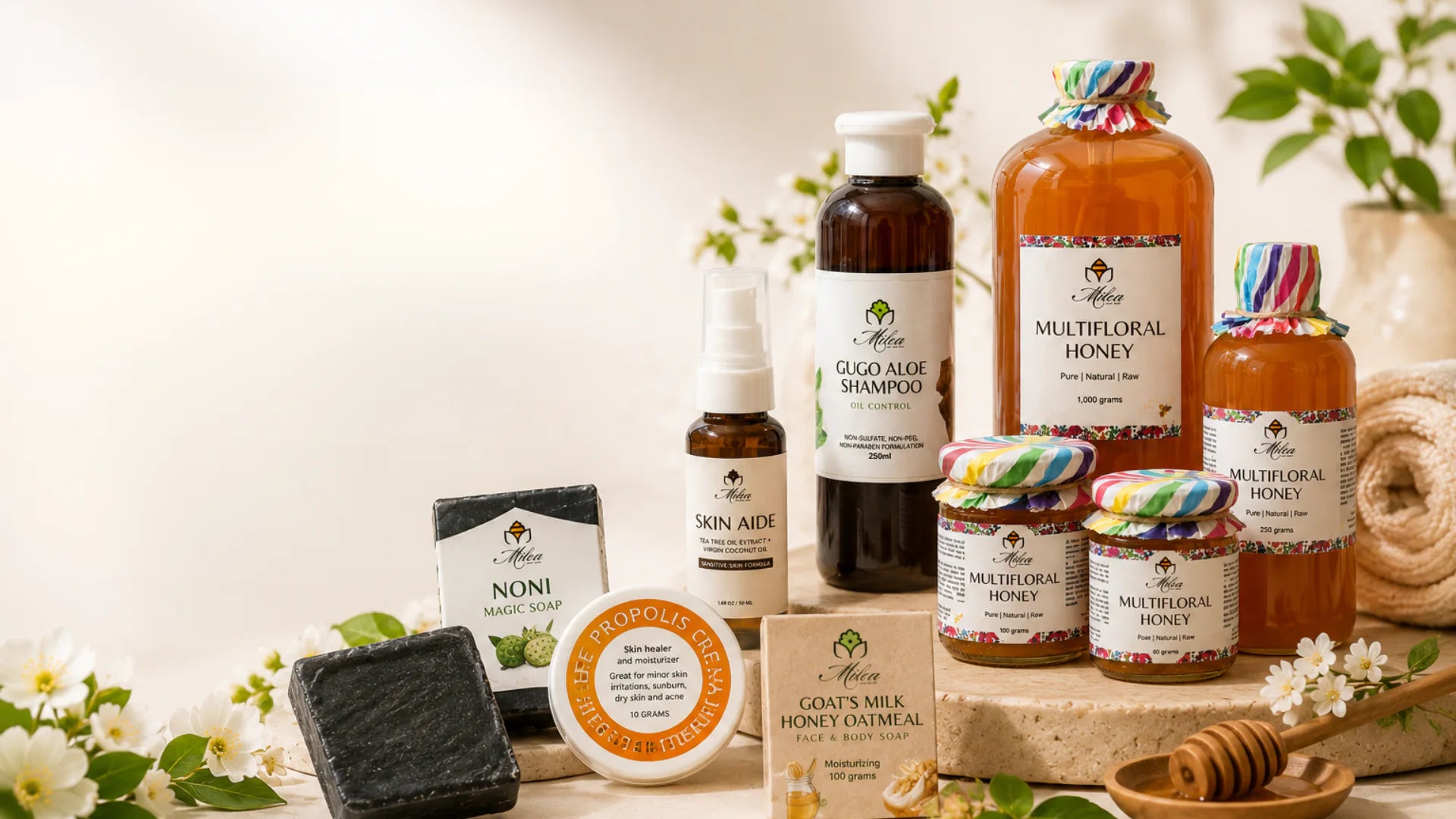 Milea natural skincare, hair care, honey, soap, and propolis products