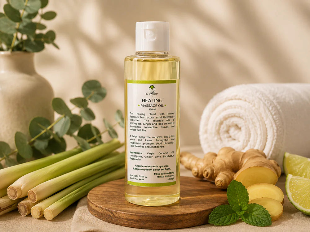 Milea Healing Massage Oil bottle with lemongrass and ginger