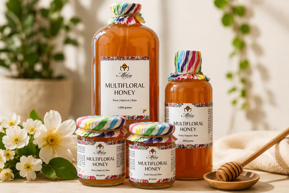 Milea Multifloral Honey in four available jar and bottle sizes